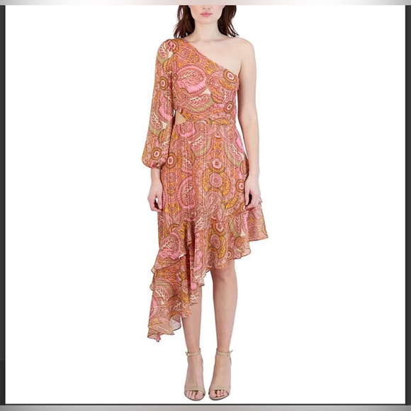 BCBGeneration NWT Pink Paisley One-shoulder Midi Dress - Picture 12 of 13